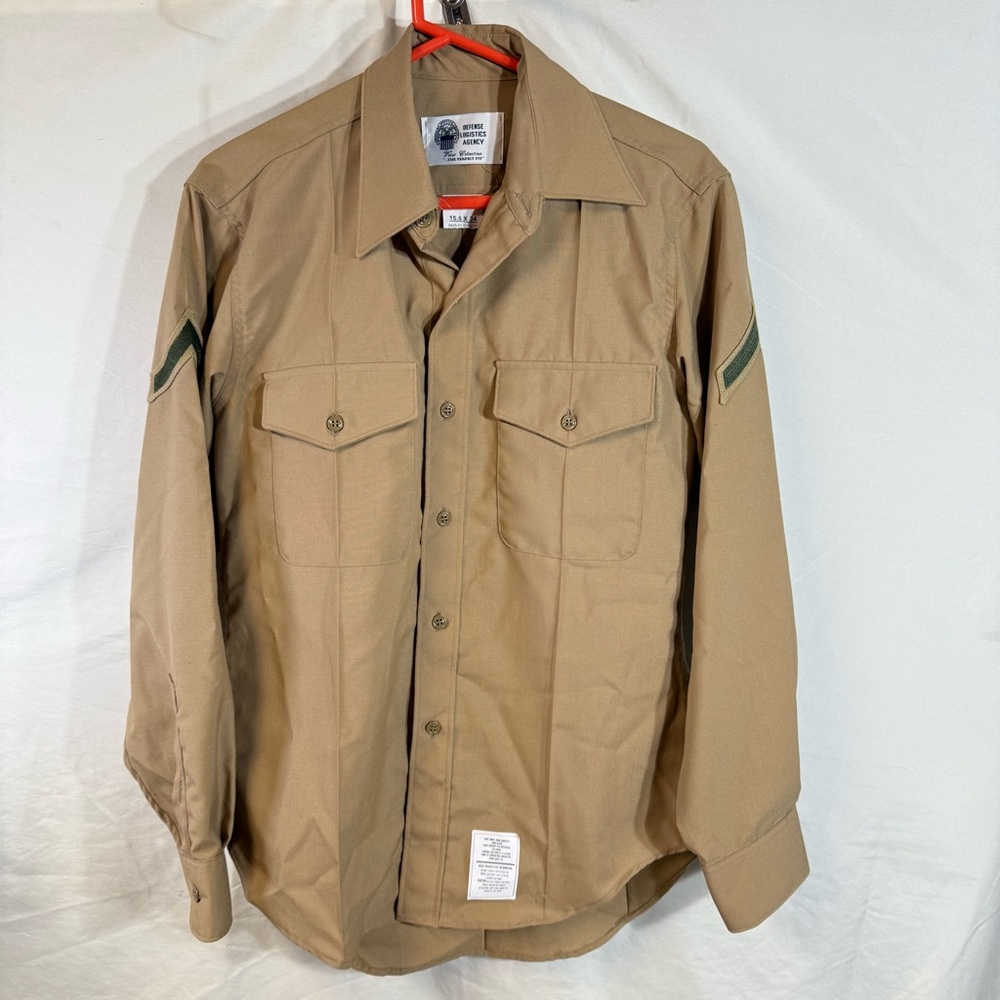 Military Shirt Mens 15.5 x 34 Beige USMC Marine Long Sleeve Button Up Wool Poly